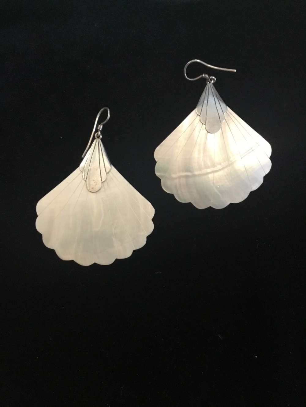 Art Deco Mother of Pearl & Sterling Silver Fan Shaped Earrings On French Wires